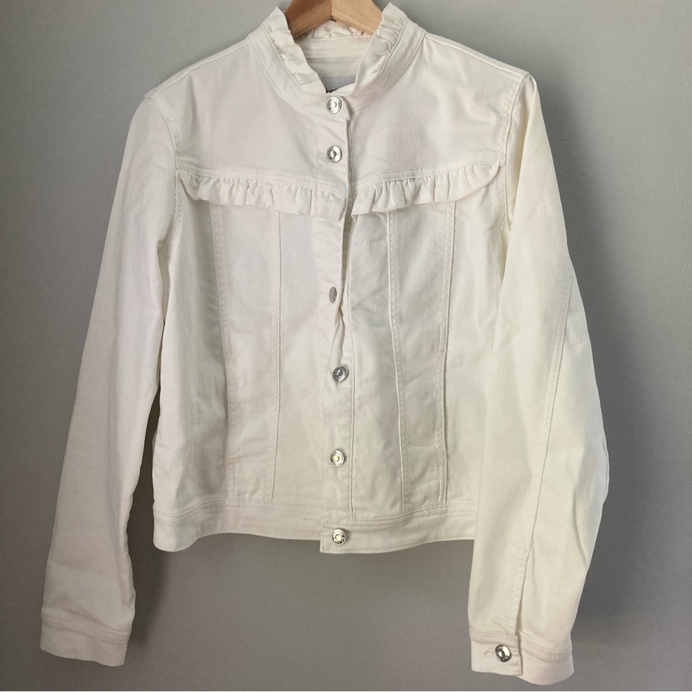 NWT New Kensie Jeans white ruffle trim denim jean jacket L
